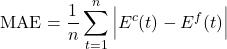 \begin{equation*}\text{MAE} = \frac{1}{n} \sum_{t=1}^{n} \left| E^c(t) - E^f(t) \right|\end{equation*}