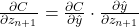\frac{\partial C}{\partial z_{n+1}} = \frac{\partial C}{\partial \hat{y}} \cdot \frac{\partial \hat{y}}{\partial z_{n+1}}
