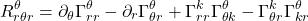 \begin{equation*}R_{r\theta r}^{\theta} = \partial_{\theta} \Gamma_{rr}^{\theta} - \partial_{r} \Gamma_{\theta r}^{\theta} + \Gamma_{rr}^{k} \Gamma_{\theta k}^{\theta} - \Gamma_{\theta r}^{k} \Gamma_{kr}^{\theta}\end{equation*}