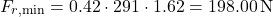 \[F_{r,\text{min}} = 0.42 \cdot 291 \cdot 1.62 = 198.00\,\text{N}\]