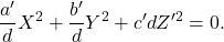 \[\frac{a'}{d}X^2 + \frac{b'}{d}Y^2 + c'dZ'^2 = 0.\]