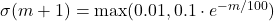 \sigma(m+1) = \max(0.01, 0.1 \cdot e^{-m/100})