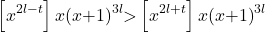\[\left[x^{2l\mathrm{-}t}\right]x{\left(x\mathrm{+}1\right)}^{3l}\mathrm{>}\left[x^{2l\mathrm{+}t}\right]x{\left(x\mathrm{+}1\right)}^{3l}\]