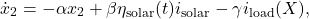 \[\dot{x}_{2} &= -\alpha x_{2} + \beta \eta_{\text{solar}}(t) i_{\text{solar}} - \gamma i_{\text{load}}(X), \]