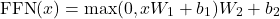 \begin{equation*} \text{FFN}(x) = \max(0, xW_1 + b_1)W_2 + b_2  \end{equation*}