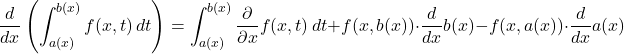 Rendered by QuickLaTeX.com \begin{equation*} \frac{d}{dx} \left( \int_{a(x)}^{b(x)} f(x,t) \, dt \right) = \int_{a(x)}^{b(x)} \frac{\partial}{\partial x} f(x,t) \, dt + f(x, b(x)) \cdot \frac{d}{dx} b(x) - f(x, a(x)) \cdot \frac{d}{dx} a(x) \end{equation*}