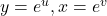 y=e^u, x=e^v