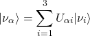 Rendered by QuickLaTeX.com \begin{equation*}|\nu_\alpha \rangle = \sum_{i=1}^{3} U_{\alpha i} |\nu_i \rangle\end{equation*}
