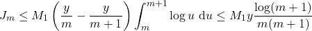 \[J_m \leq M_1\left(\frac{y}{m}-\frac{y}{m+1}\right) \int_m^{m+1} \log u \mathrm{~d} u \leq M_1 y \frac{\log (m+1)}{m(m+1)}\]