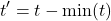 \begin{equation*} t' = t - \min(t) \end{equation*}