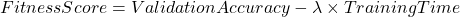 \begin{equation*}Fitness Score = Validation Accuracy - \lambda \times Training Time\end{equation*}