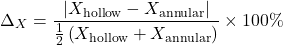 \begin{equation*}\Delta_X = \frac{\left| X_{\mathrm{hollow}} - X_{\mathrm{annular}} \right|}{\frac{1}{2} \left( X_{\mathrm{hollow}} + X_{\mathrm{annular}} \right)} \times 100\%\end{equation*}