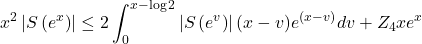 \begin{equation*}x^2\left|S\left(e^x\right)\right| \leq 2 \int_0^{x-\log 2}\left|S\left(e^v\right)\right|(x-v) e^{(x-v)} d v+Z_4 x e^x\end{equation*}