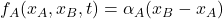 f_A(x_A,x_B,t) = \alpha_A(x_B - x_A)