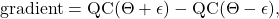 \text{gradient} = \text{QC}(\Theta + \epsilon) - \text{QC}(\Theta - \epsilon),