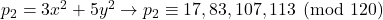 p_2 = 3x^2 + 5y^2 \rightarrow p_2 \equiv 17,83,107,113 \pmod{120}