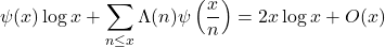 \begin{equation*}\psi(x) \log x+\sum_{n \leq x} \Lambda(n) \psi\left(\frac{x}{n}\right)=2 x \log x+O(x)\end{equation*}