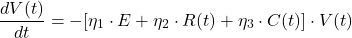 \[\frac{dV(t)}{dt} = -[\eta_1 \cdot E + \eta_2 \cdot R(t) + \eta_3 \cdot C(t)] \cdot V(t)\]