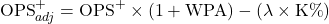 \begin{equation*}\text{OPS}^+_{adj} = \text{OPS}^+ \times (1 + \text{WPA}) - (\lambda \times \text{K\%})\end{equation*}