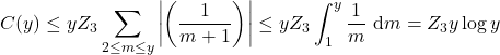\[C(y) \leq y Z_3 \sum_{2 \leq m \leq y}\left|\left(\frac{1}{m+1}\right)\right| \leq y Z_3 \int_1^y \frac{1}{m} \mathrm{~d} m=Z_3 y \log y\]