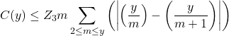 \[C(y) \leq Z_3 m \sum_{2 \leq m \leq y}\left(\left|\left(\frac{y}{m}\right)-\left(\frac{y}{m+1}\right)\right|\right)\]