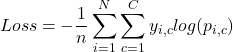 \begin{equation*}Loss = - \frac{1}{n} \sum_{i=1}^{N} \sum_{c=1}^{C} y_{i,c} log(p_{i,c})\end{equation*}