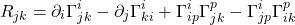 \begin{equation*}R_{jk} = \partial_i \Gamma_{jk}^i - \partial_j \Gamma_{ki}^i + \Gamma_{ip}^i \Gamma_{jk}^p - \Gamma_{jp}^i \Gamma_{ik}^p\end{equation*}