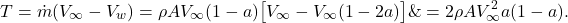 \begin{equation*}\begin{aligned}T &= \dot{m}(V_{\infty} - V_w)= \rho A V_{\infty}(1-a)\big[V_{\infty} - V_{\infty}(1-2a)\big] \&= 2\rho A V_{\infty}^{2} a(1-a).\end{aligned}\end{equation*}