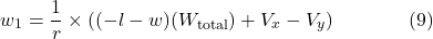 \[w_1 = \frac{1}{r} \times \left( (-l - w)(W_{\text{total}}) + V_x - V_y \right) \hspace{40pt} \text{(9)}\]
