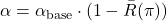 \begin{equation*}\alpha = \alpha_{\text{base}} \cdot (1 - \bar{R}(\pi))\end{equation*}