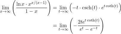 \begin{align*}\lim_{x\to\infty} \left( \frac{\ln x \cdot x^{x/(x-1)}}{1-x} \right)& = \lim_{t\to\infty} \left( -t \cdot \operatorname{csch}(t) \cdot e^{t \coth(t)} \right) \\ &= \lim_{t\to\infty} \left( -\frac{2t e^{t \coth(t)}}{e^t - e^{-t}} \right) \end{align*}