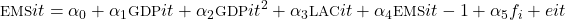 \begin{equation*}\footnotesize\text{EMS}{it} = \alpha_0 + \alpha_1 \text{GDP}{it} + \alpha_2 \text{GDP}{it}^2 + \alpha_3 \text{LAC}{it} + \alpha_4 \text{EMS}{it-1} + \alpha_5 f_i + e{it}\end{equation*}