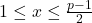 1 \leq x \leq \frac{p-1}{2}