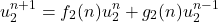 \begin{equation*}u_2^{n+1} = f_2(n) u_2^{n} + g_2(n) u_2^{n-1}\end{equation*}
