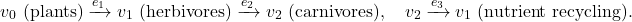 \[ v_0 \text{ (plants)} \xrightarrow{e_1} v_1 \text{ (herbivores)}  \xrightarrow{e_2} v_2 \text{ (carnivores)}, \quad v_2 \xrightarrow{e_3} v_1 \text{ (nutrient recycling)}.\]