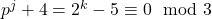p^j+4=2^k-5\equiv 0 \mod 3