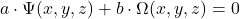 \[a \cdot \Psi(x, y, z) + b \cdot \Omega(x, y, z) = 0\]
