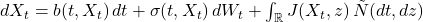 dX_t = b(t,X_t)\,dt + \sigma(t,X_t)\,dW_t + \int_{\mathbb{R}} J(X_t,z)\, \tilde{N}(dt,dz)