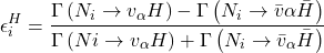 \begin{equation*}\epsilon_{i}^{H}=\frac{\Gamma\left(N_{i} \rightarrow v_{\alpha} H\right)-\Gamma\left(N_{i} \rightarrow \bar{v}{\alpha} \bar{H}\right)}{\Gamma\left(N{i} \rightarrow v_{\alpha} H\right)+\Gamma\left(N_{i} \rightarrow \bar{v}_{\alpha} \bar{H}\right)}\end{equation*}