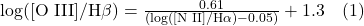 \text{log}([\text{O III}]/\text{H}\beta) = \frac{0.61}{(\text{log}([\text{N II}]/\text{H}\alpha) - 0.05)} + 1.3 \quad (1)