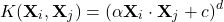 \[K(\mathbf{X}_i, \mathbf{X}_j) = \left( \alpha \mathbf{X}_i \cdot \mathbf{X}_j + c \right)^d\]