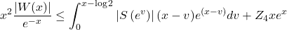 \begin{equation*} x^2 \frac{|W(x)|}{e^{-x}} \leq \int_0^{x-\log 2}\left|S\left(e^v\right)\right|(x-v) e^{(x-v)} d v+Z_4 x e^x  \notag \end{equation*}