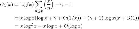\begin{align*}G_1(x) &= \log(x)\sum_{n \leq x} \left(\frac{x}{n}\right) - \gamma -1\\ &= x\log x(\log x + \gamma + O(1/x)) - (\gamma + 1)\log x(x + O(1))\\ & = x\log^2x - x\log x +O(\log x) \end{align*}