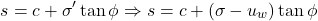 \begin{equation*}s = c + \sigma' \tan \phi \Rightarrow s = c + (\sigma - u_w) \tan \phi \end{equation*}