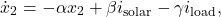 \[\dot{x}_{2} &= -\alpha x_{2} + \beta i_{\text{solar}} - \gamma i_{\text{load}},\]