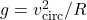 g = v_{\mathrm{circ}}^2 / R