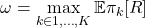 \begin{equation*}\omega = \max_{k \in {1, \ldots, K}} \mathbb{E}{\pi_k}[R] \end{equation*}