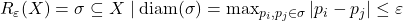 R_\varepsilon(X) = { \sigma \subseteq X \mid \mathrm{diam}(\sigma) = \max_{p_i, p_j \in \sigma} |p_i - p_j| \le \varepsilon }
