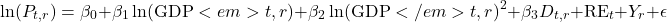 \[\ln(P_{t,r}) = \beta_0 + \beta_1 \ln(\text{GDP}<em>{t,r}) + \beta_2 \ln(\text{GDP}</em>{t,r})^2 + \beta_3 D_{t,r} + \text{RE}_t + Y_r + \epsilon\]