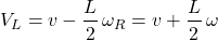 \[V_L = v - \frac{L}{2}\,\omega\qquadV_R = v + \frac{L}{2}\,\omega\]